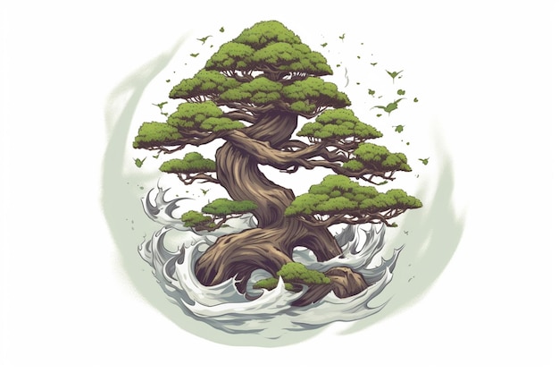 a close up of a bonsai tree with a wave in the background generative ai