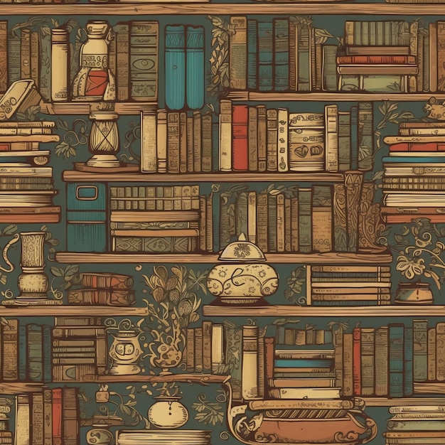 A close up of a book shelf with books and vases generative ai