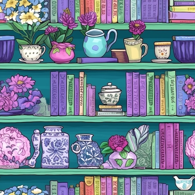 Photo a close up of a book shelf with books and vases generative ai