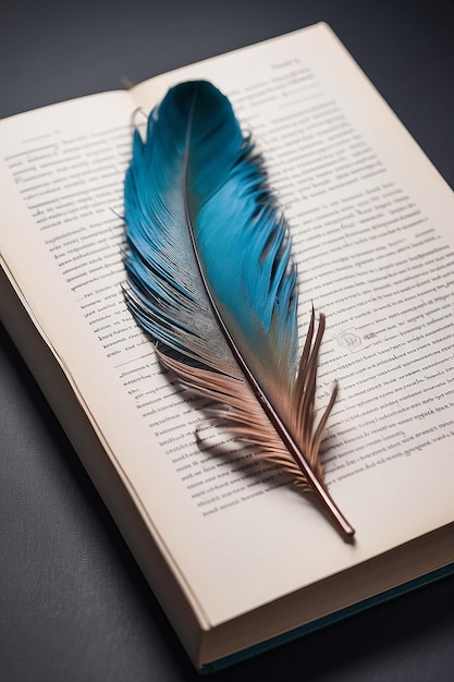 A close up of a book with a feather on it generative ai