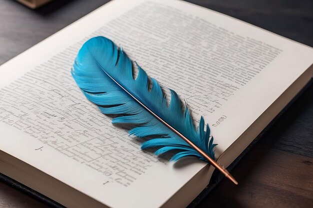 A close up of a book with a feather on it generative ai