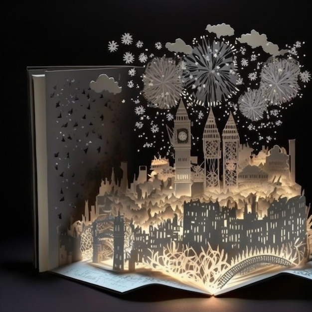 Photo a close up of a book with a paper cut of a city generative ai