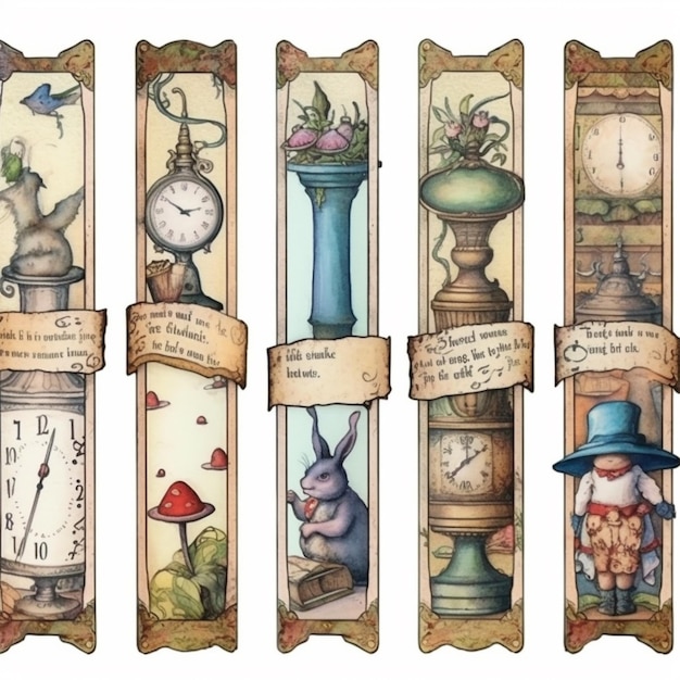 A close up of a bookmark with a clock and a rabbit generative ai