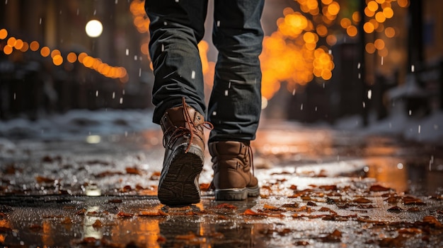 Close up boot Man walking in night