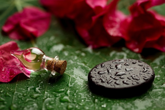 Close-up a bottle of aromatic oil and a black massage stone lie on a wet green sheet