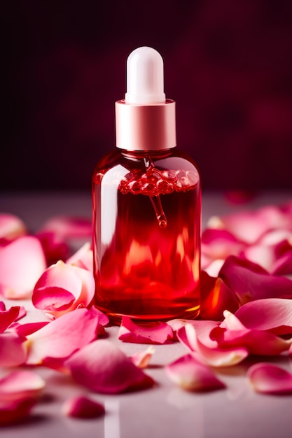 Close up of bottle of liquid on bed of rose petals Generative AI