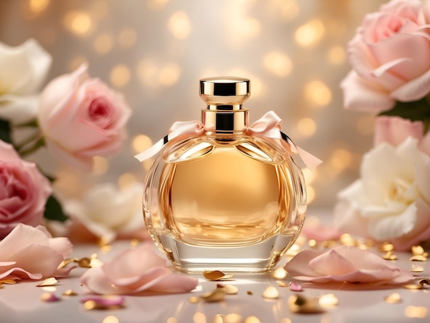 a close up of a bottle of perfume surrounded by flowers