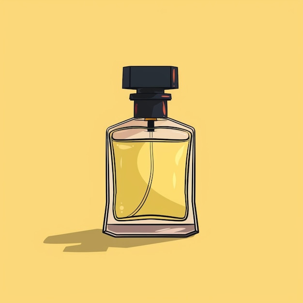 Foto un primo piano di una bottiglia di profumo su uno sfondo giallo
