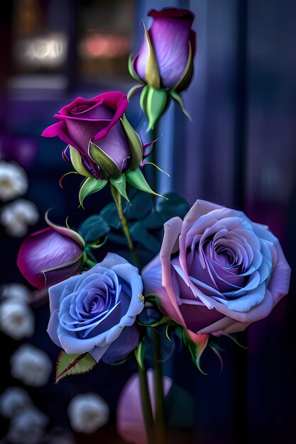 Close up of a bouquet of colorful roses