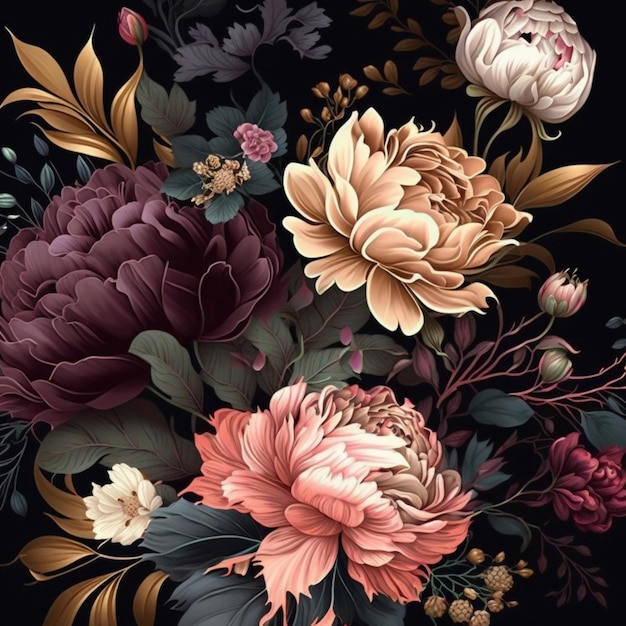 a close up of a bouquet of flowers on a black background generative ai