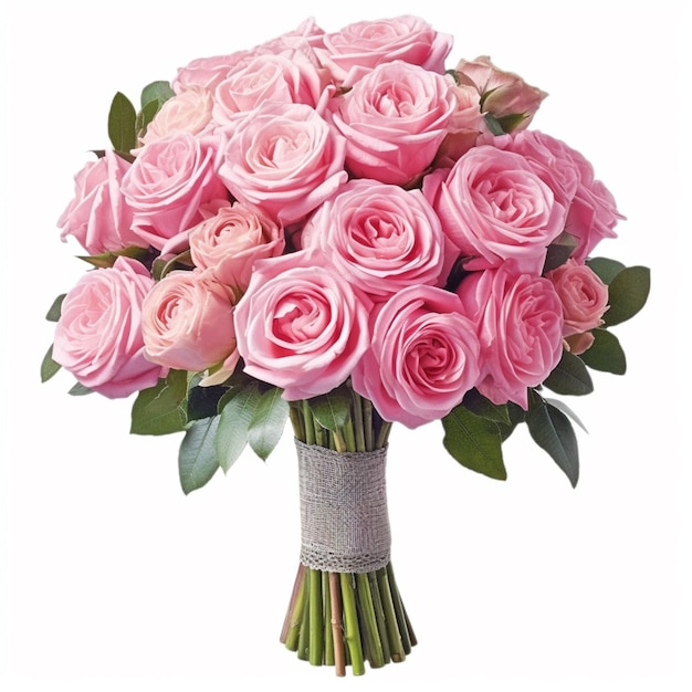 A close up of a bouquet of pink roses with green leaves generative ai