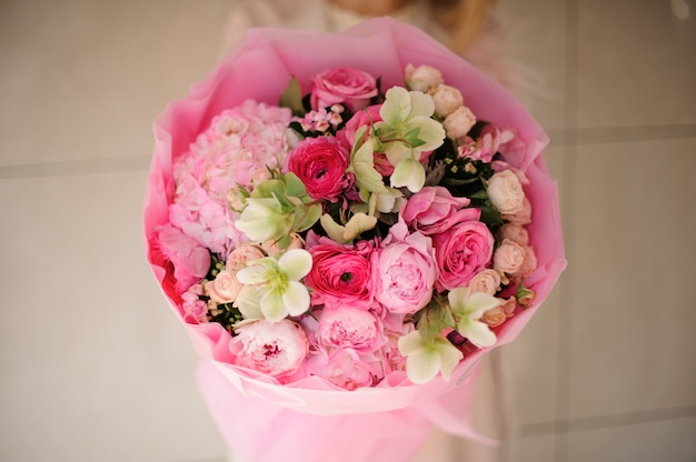 Close-up of bouquet of various pink flowers