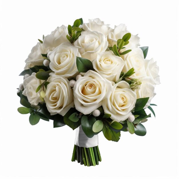 A close up of a bouquet of white roses with green leaves generative ai