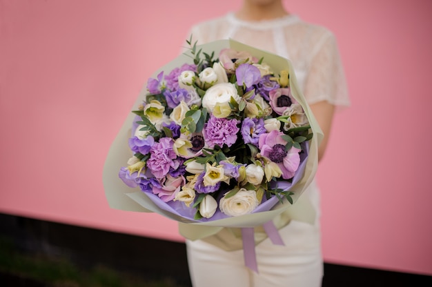 Close-up of bouquet with various purple flowers