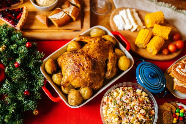 Close-up bovenaanzicht van geroosterde zelfgemaakte Thanksgiving kalkoen op kerstdiner feesttafel tijdens