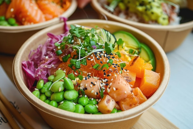 Photo a close up of a bowl filled with a delicious assortment of freshly prepared food neatly placed on a wooden table plantbased poke bowl in a biodegradable takeaway box ai generated