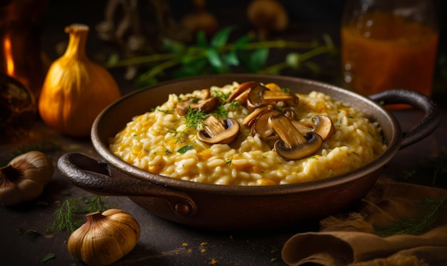 Close up of bowl of food with mushrooms on top of it Generative AI