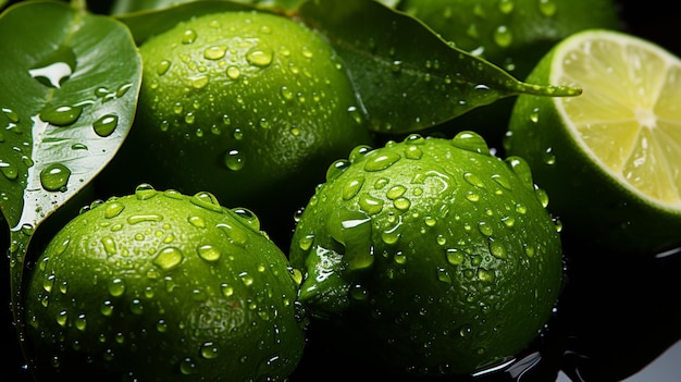 a close up of a bowl of limes with water droplets generative ai
