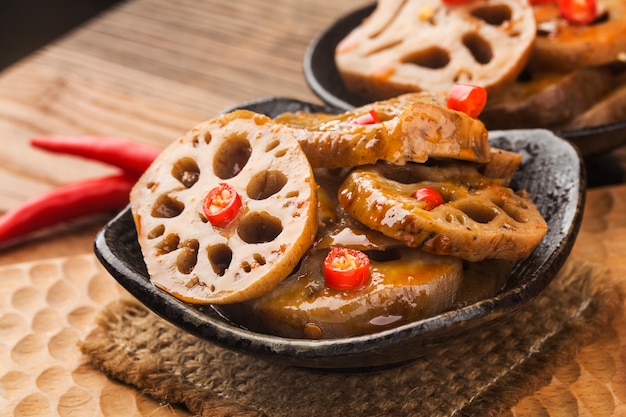 Close up of a bowl of lotus root