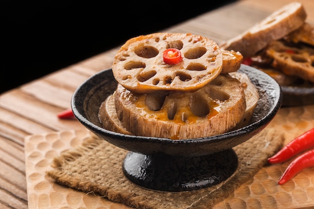 Close up of a bowl of lotus root