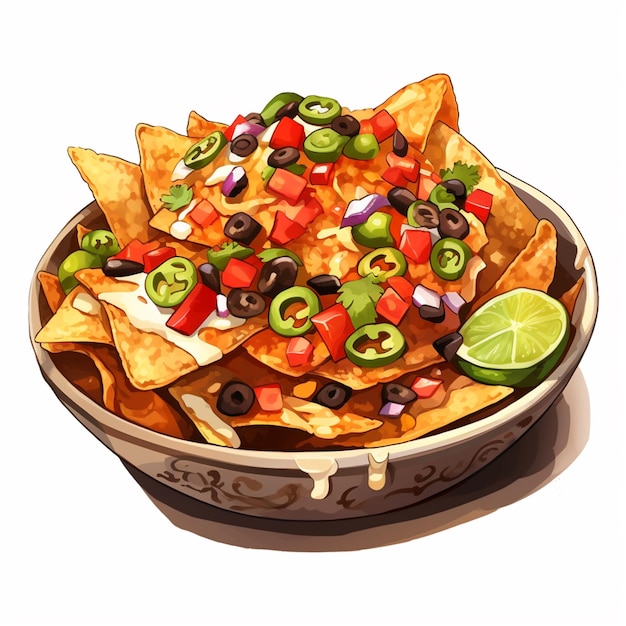 a close up of a bowl of nachos with a lime slice generative ai