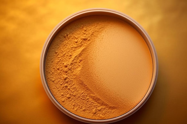 a close up of a bowl of orange powder