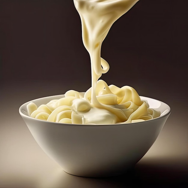 Close up of a bowl of paste with Alfredo sauce on a dark background
