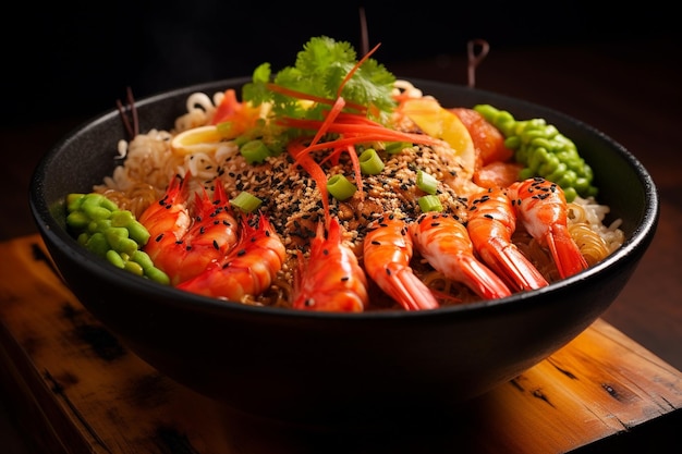 Close up of a bowl of seafood ramen with shrimp crab and seaweed