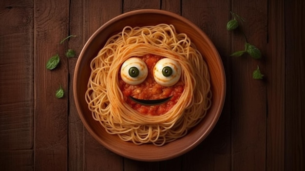 A close up of a bowl of spaghetti with eyes and a face generative ai