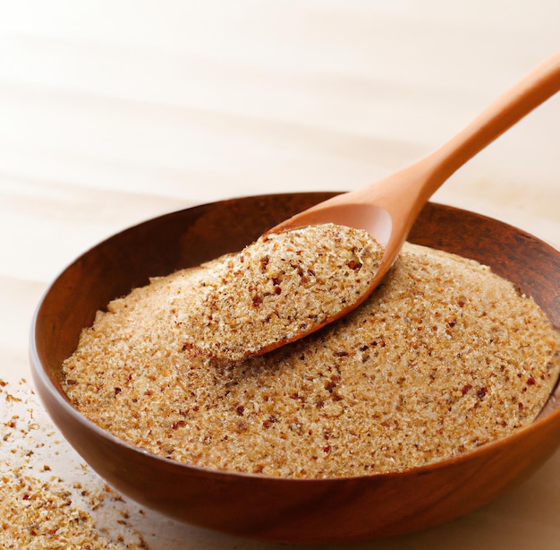 Close up of bowl and spoon with multiple grains of rice quinoa on white background