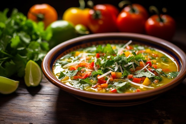Близкий взгляд на миску традиционного мексиканского супа кальдо тлалпено