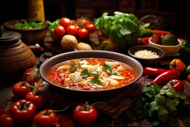 A close up of a bowl of traditional Mexican caldo tlalpeno soup