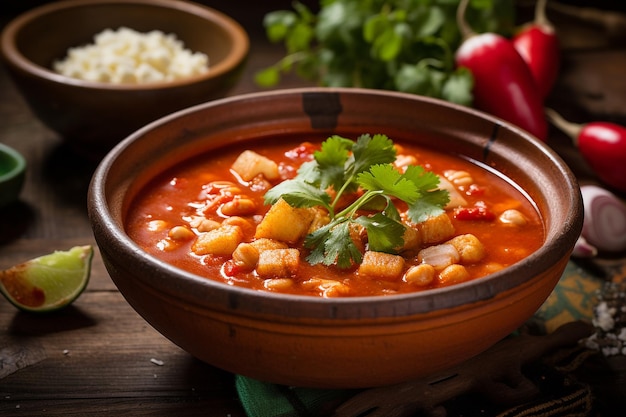 Photo close up of a bowl of traditional mexican menudo rojo with hominy