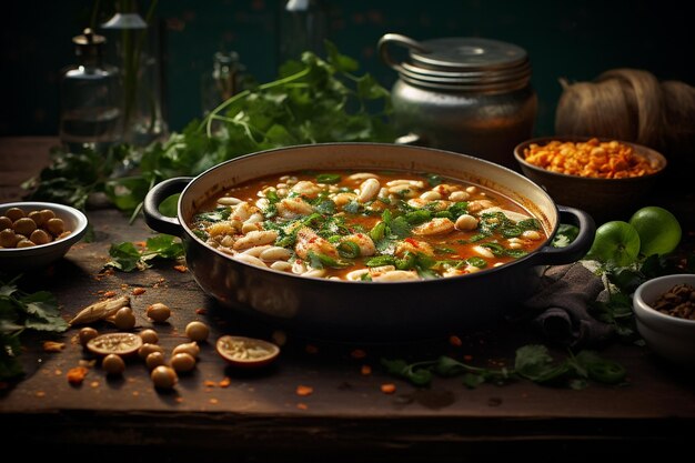 A close up of a bowl of traditional Mexican pozole de mariscos soup