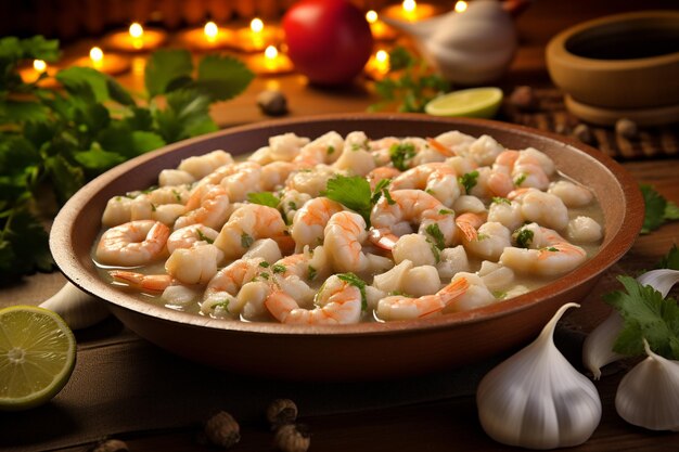 Photo a close up of a bowl of traditional mexican pozole de mariscos soup