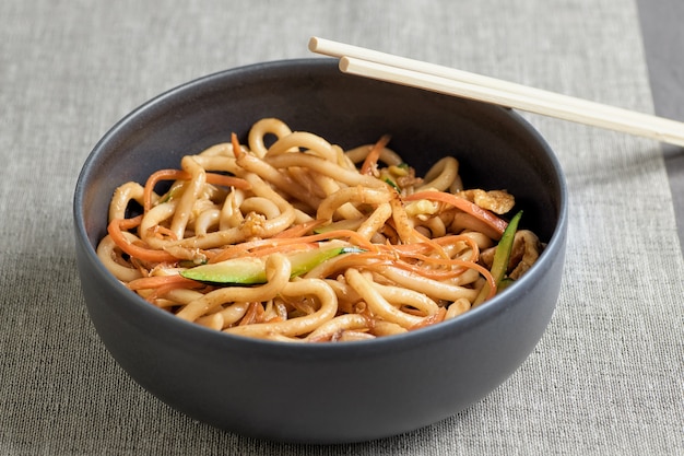 Close-up of bowl of udon noodles