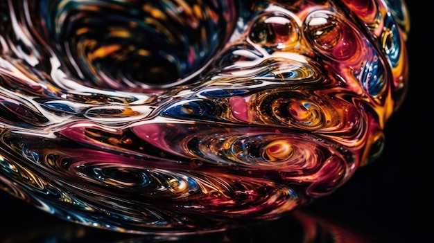 A close up of a bowl with a colorful swirl pattern on it