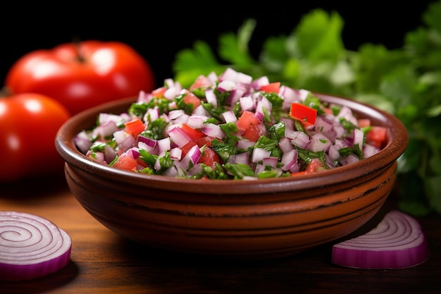 Foto un primo piano di una ciotola di piccante pico de gallo messicano con pomodori e cipolle