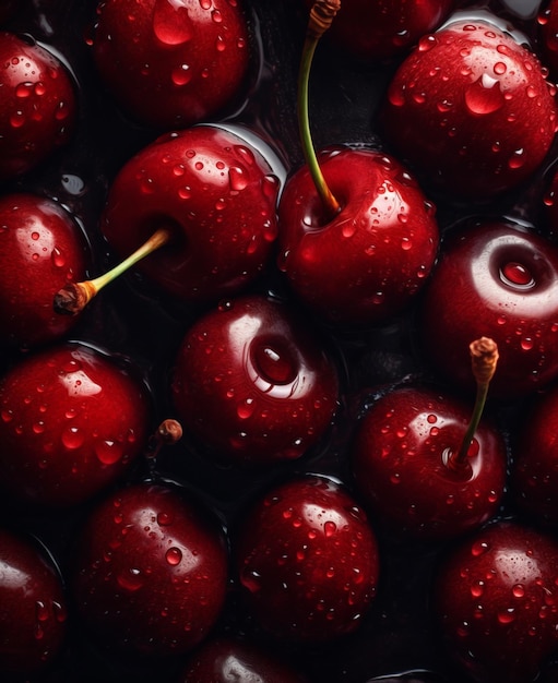 A close up of a box of cherries with water drops on them