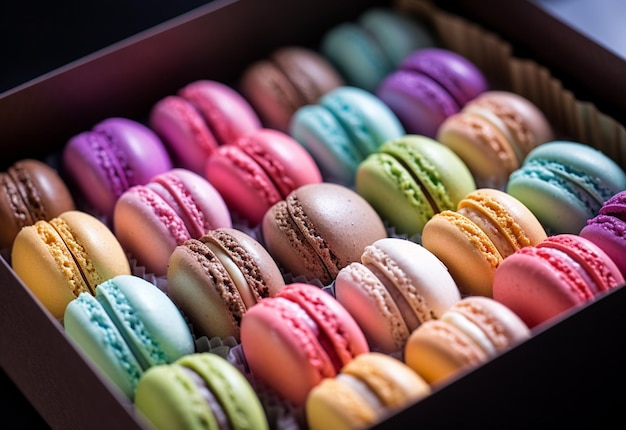 A close up of a box of colorful macarons on a table generative ai