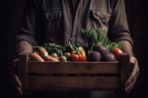 Photo close up of box with vegetables in hands of mature man