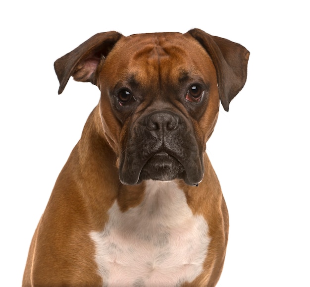 Close up of a Boxer looking at the camera isolated on white