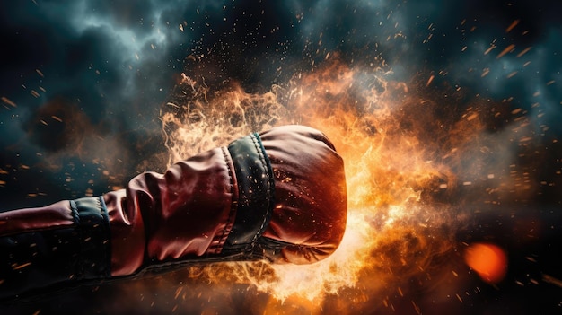 Close up of a boxing glove on fire delivering a punch