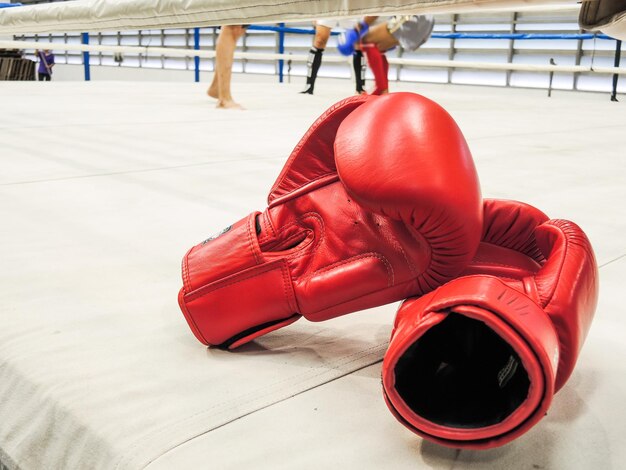 Близкий план боксерских перчаток на ринге