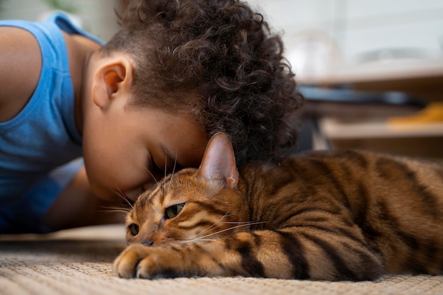 写真 猫にキスする男の子をクローズアップ