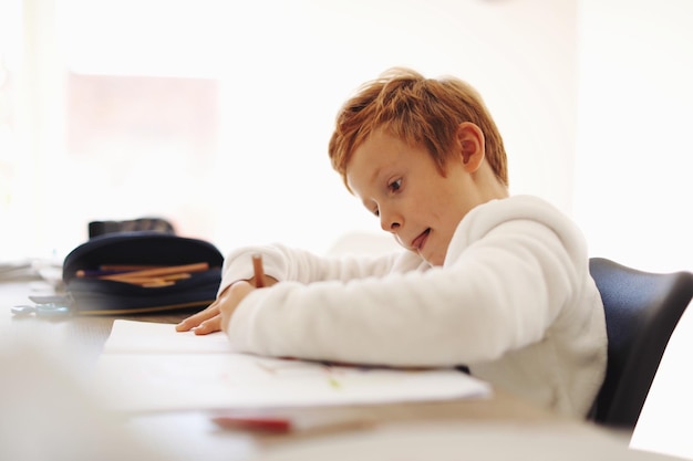 Close-up of boy writing on book against white background