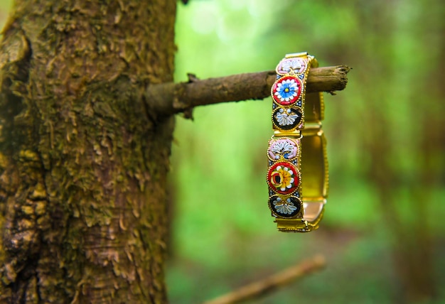 Photo close-up of bracelet hanging on twig