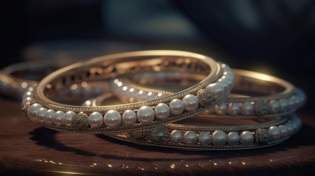 A close up of a bracelet with pearls on it