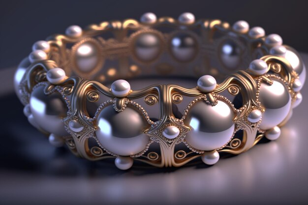 A close up of a bracelet with pearls