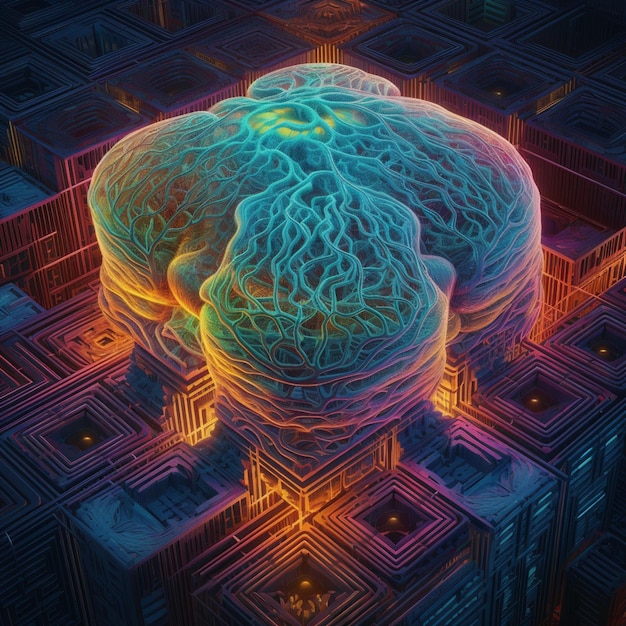 Photo a close up of a brain in a maze with a neon light generative ai